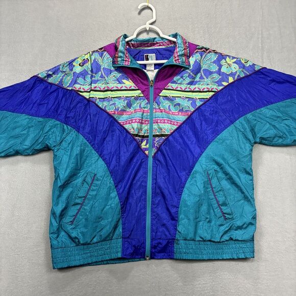 VTG Bolo Spirit Windbreaker Jacket Womens L Retro Colorful Full Zip Floral 80's - Picture 5 of 15